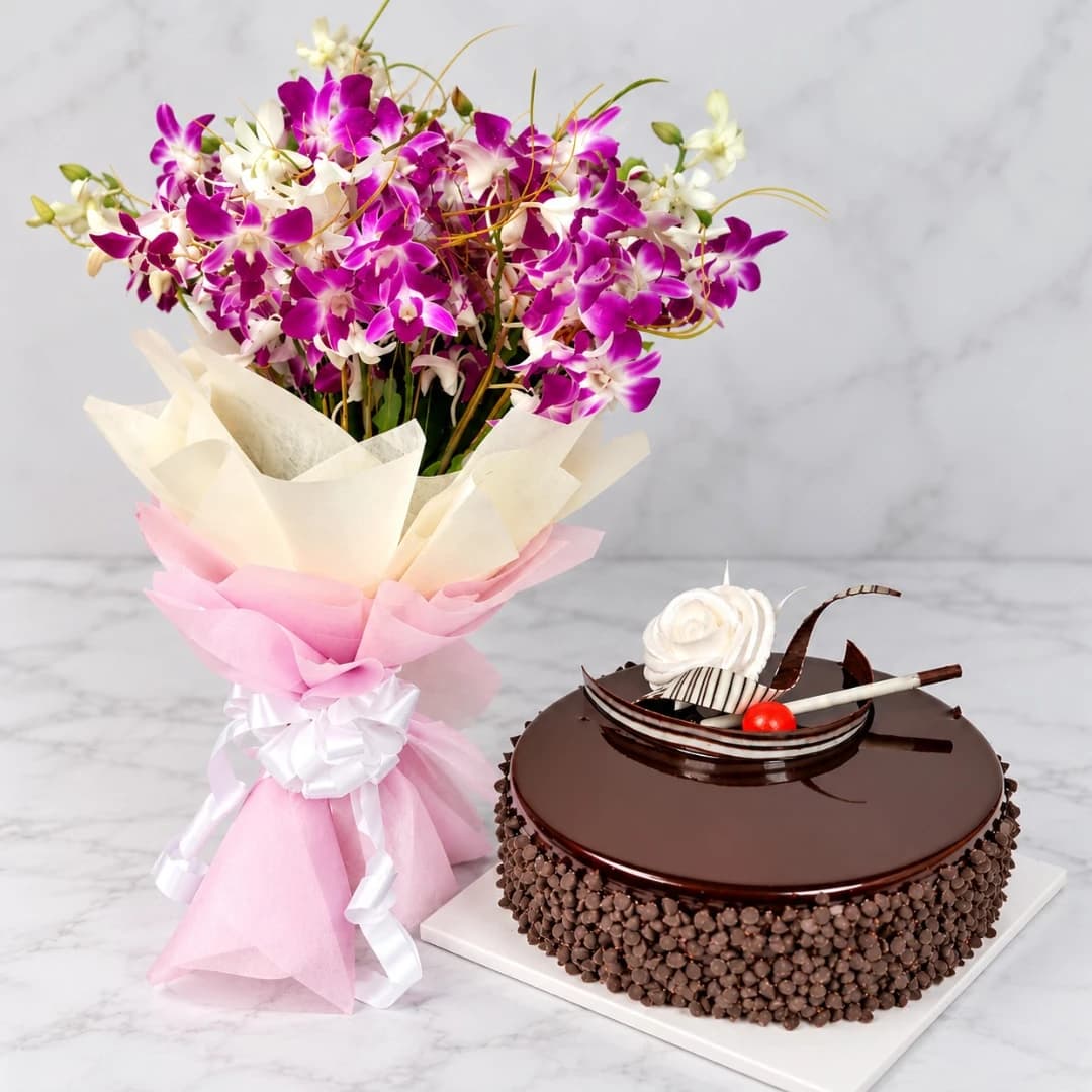 Choco Chip Cake & Orchid Bouquet