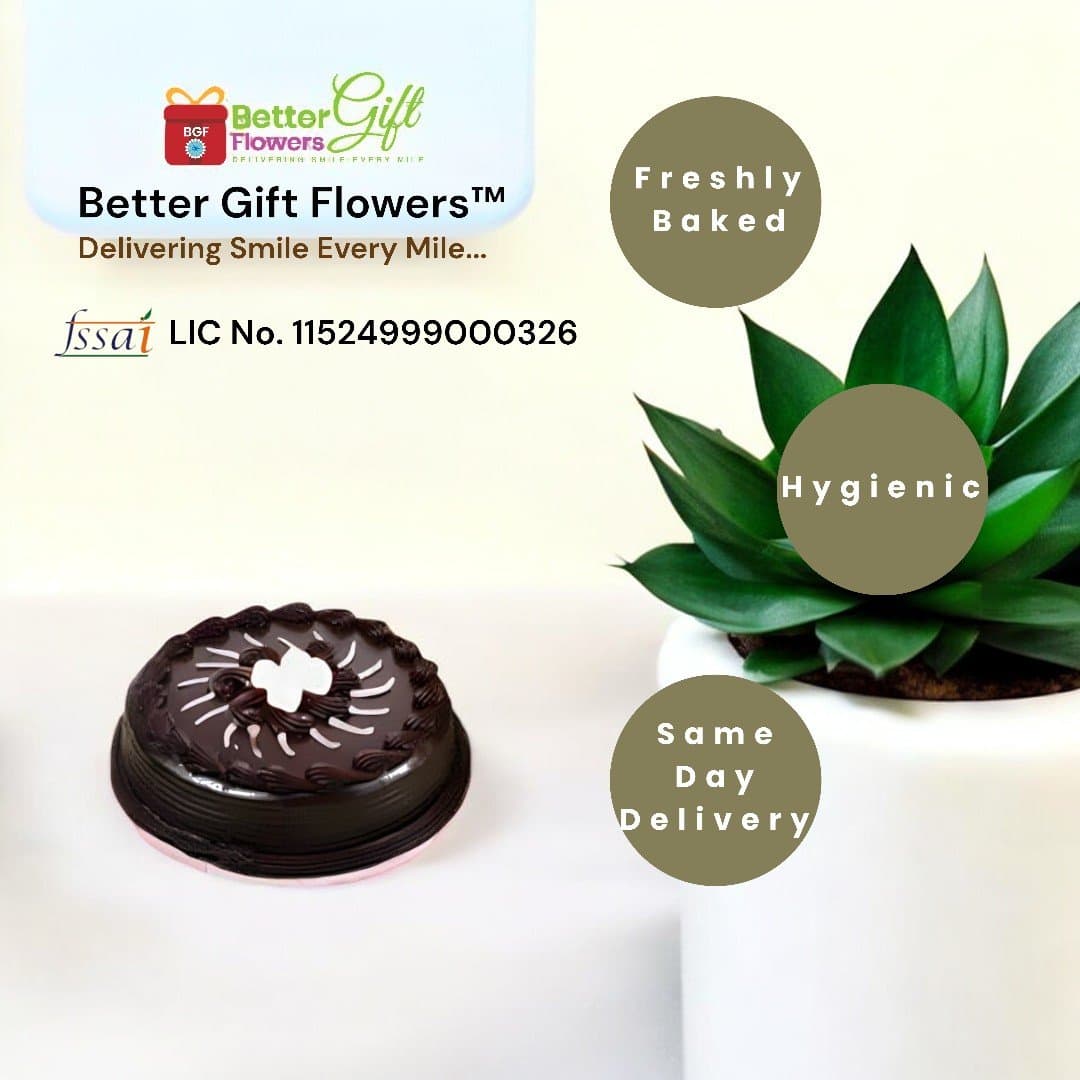 Freshly baked chocolate truffle cake with Better Gift Flowers branding.