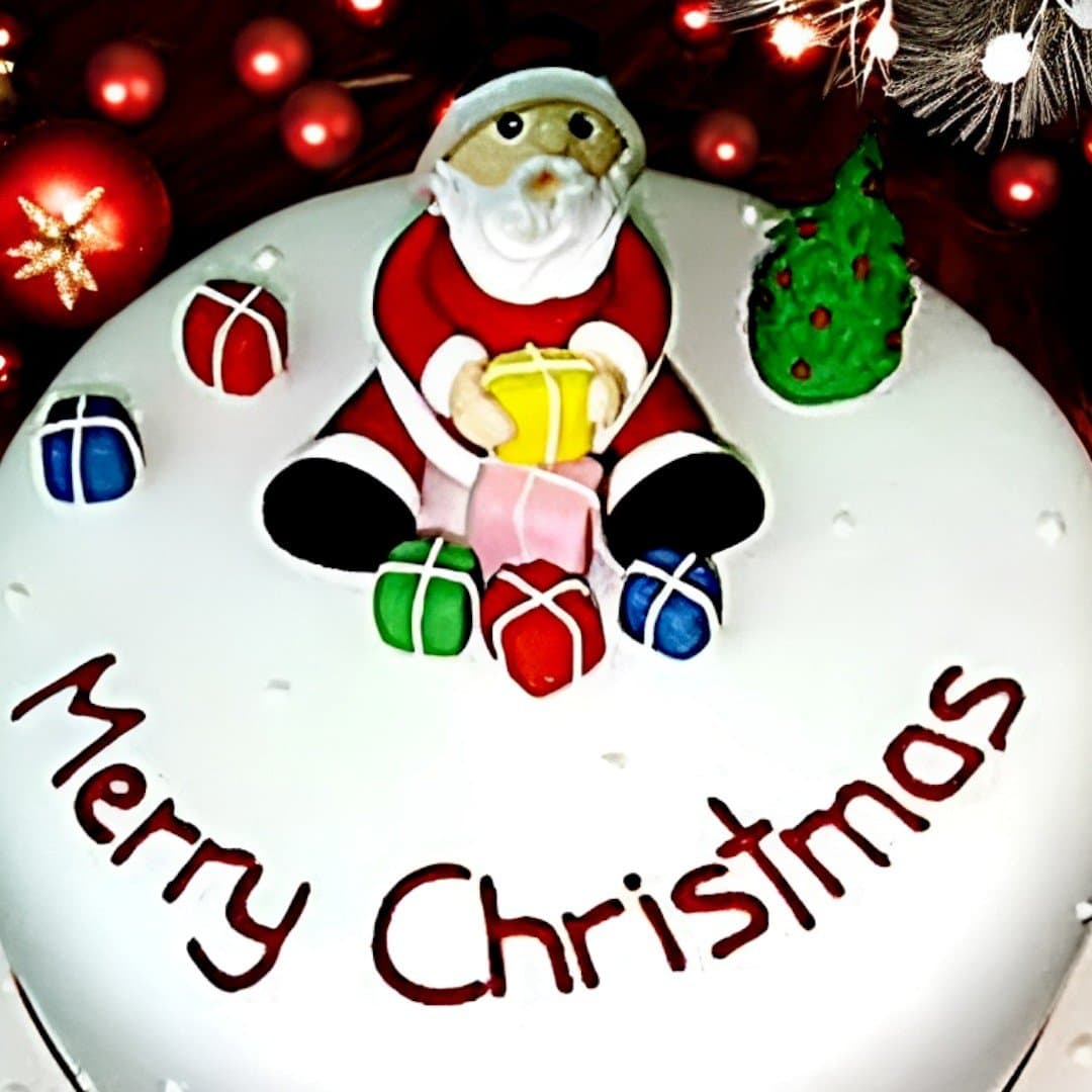 Close-up of Merry Christmas Cake with Santa and gift boxes from BetterGiftFlowers, hygienically prepared for festive joy.