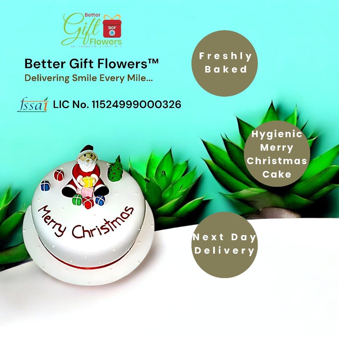 Freshly baked Merry Christmas Cake by BetterGiftFlowers, featuring Santa and Christmas presents for holiday cheer.