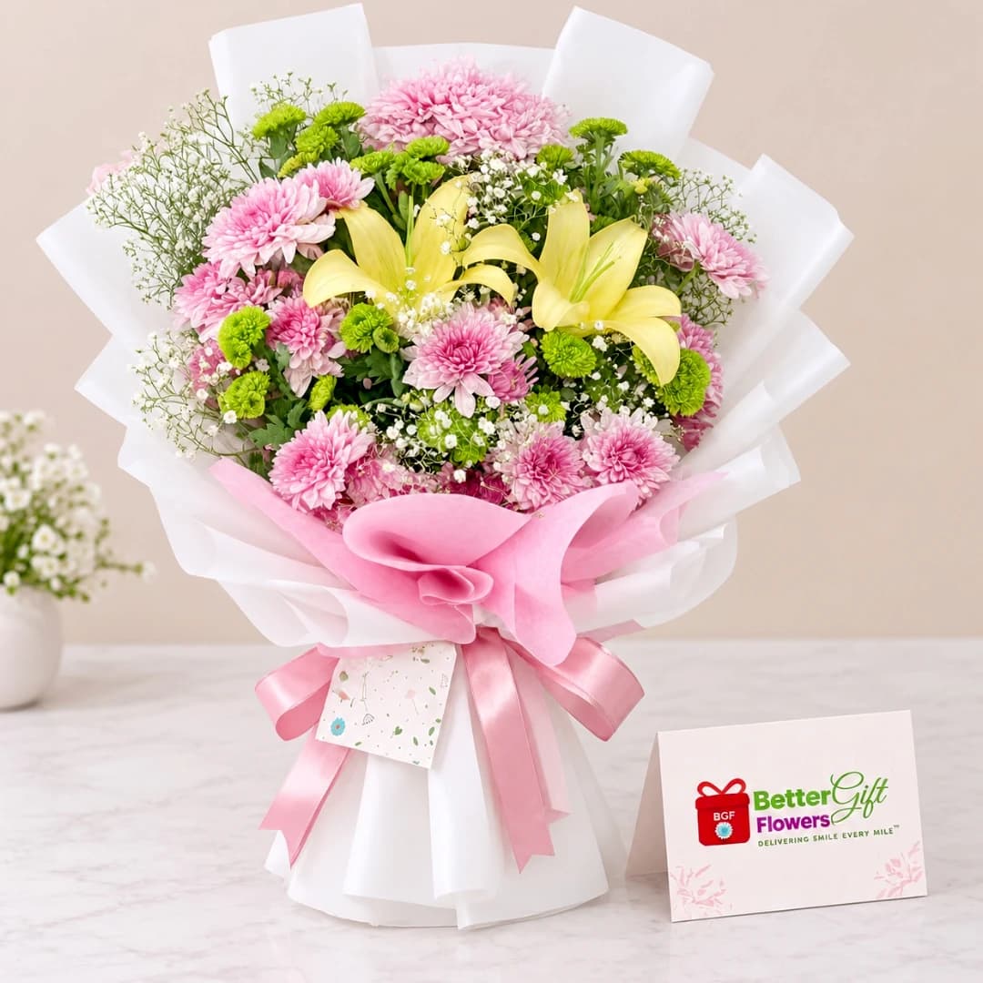 Pink Chrysanthemum & Yellow Lily Bouquet