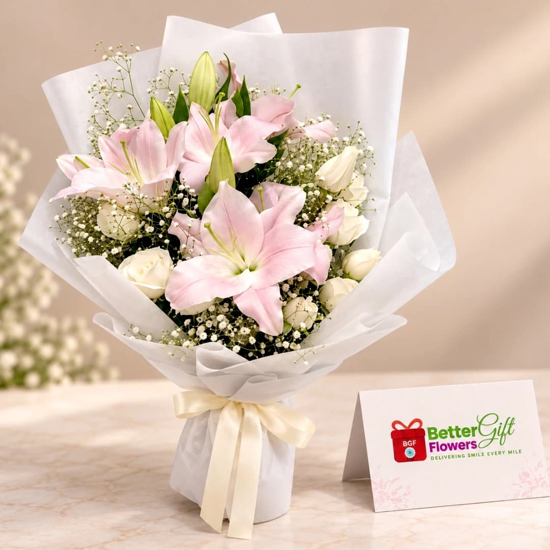 Pink Lily & White Rose Bouquet