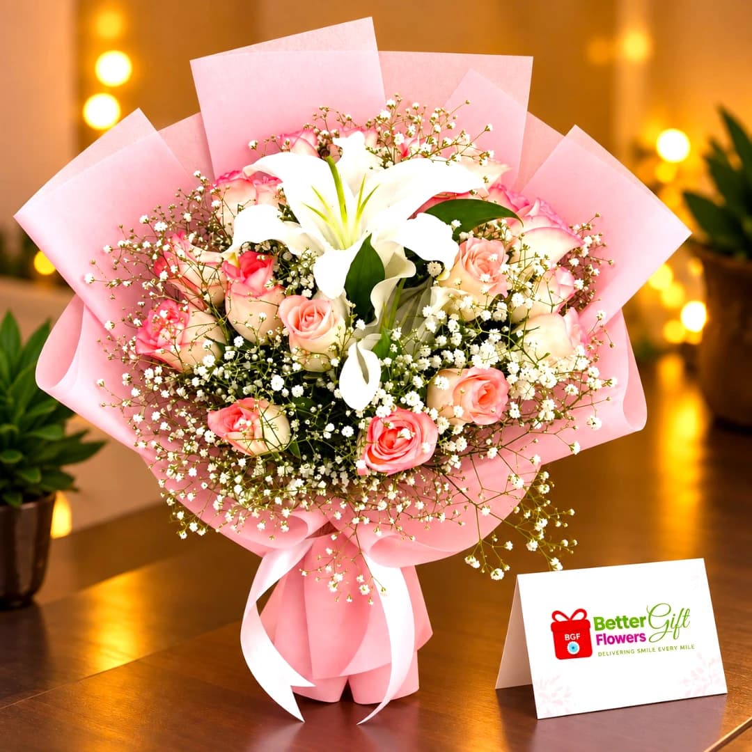 Pink Rose & White Lily Bouquet