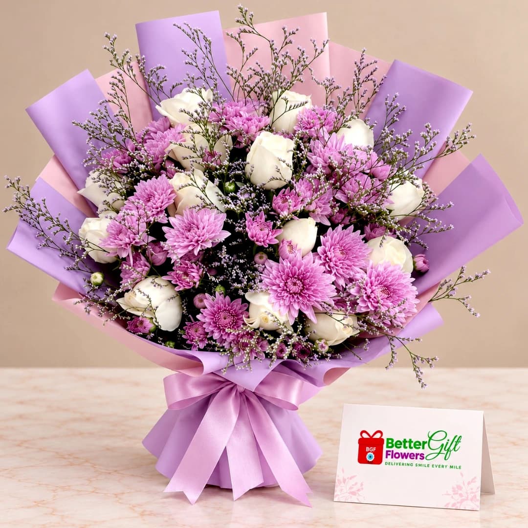 Purple Chrysanthemum and White Rose Bouquet