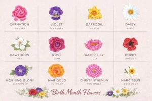 Illustrated chart showing birth month flowers from January to December including carnation, violet, daffodil, rose, marigold and narcissus