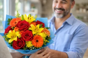 Man smiling while receiving a bright birthday flower bouquet in red, yellow and orange shades from BetterGiftFlowers