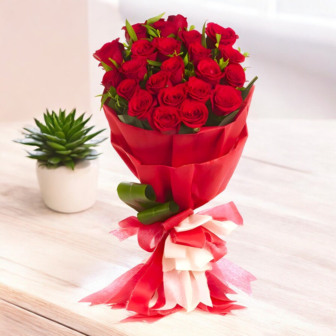 Romantic bouquet of 25 red roses by BetterGiftFlowers - an ideal gift for expressing love.