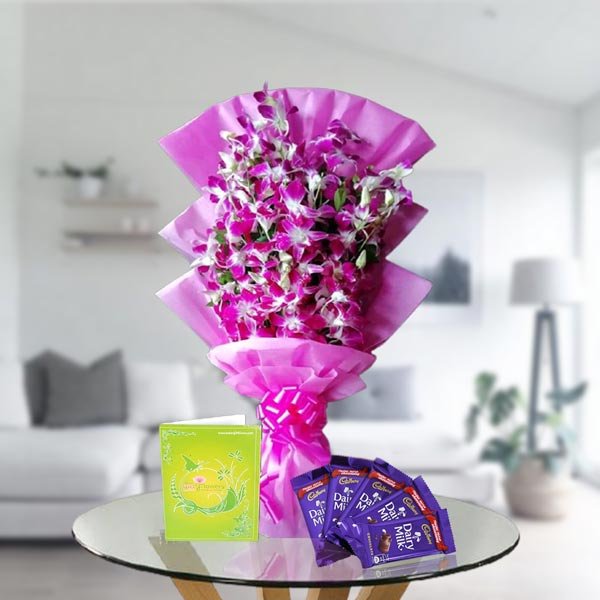 orchid bouquet and dairy milk chocolates
