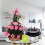 pink roses basket and chocolate truffle cake