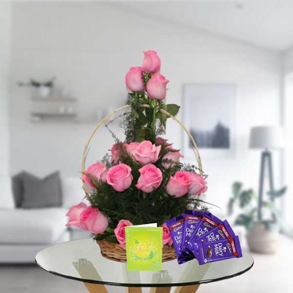 pink roses basket and chocolates
