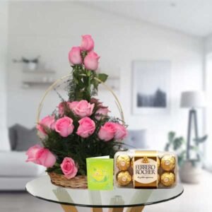 pink rose basket with ferrero rocher