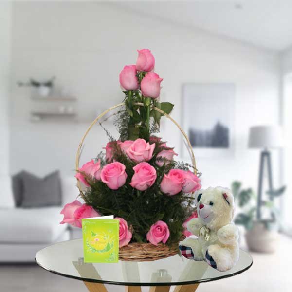 pink roses basket and teddy