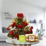 roses arrangement and ferrero
