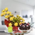 carnations and black forest cake