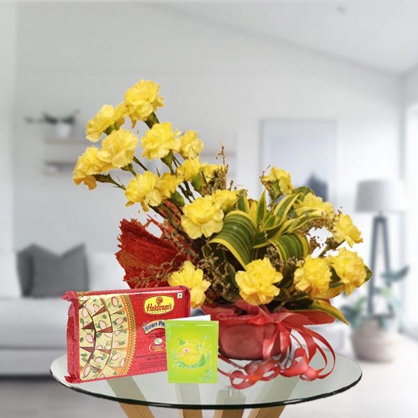 yellow carnations and soan papdi