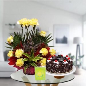 yellow carnations and black forest cake