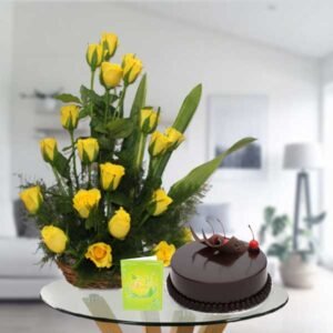 yellow rose basket and cake