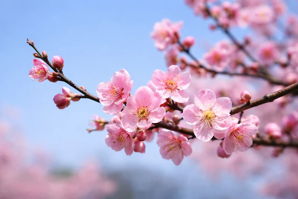 Delicate pink plum blossoms on bare branches, national flower of China