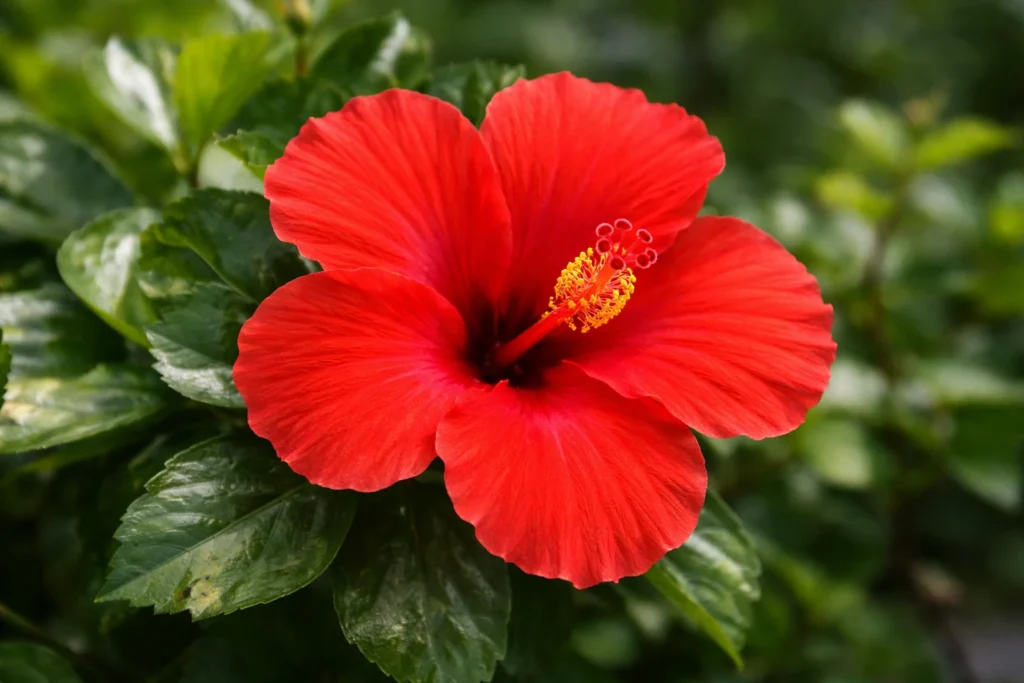 Red hibiscus flower in bloom, national flower of Malaysia