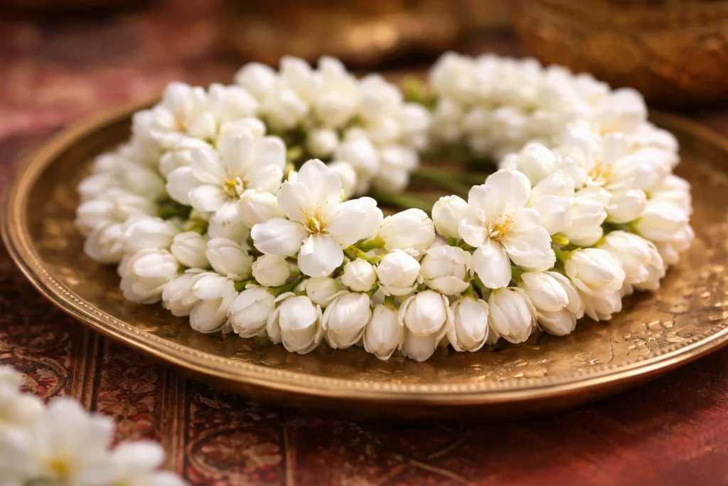 Fresh white jasmine flowers commonly worn as garlands, national flower of Pakistan