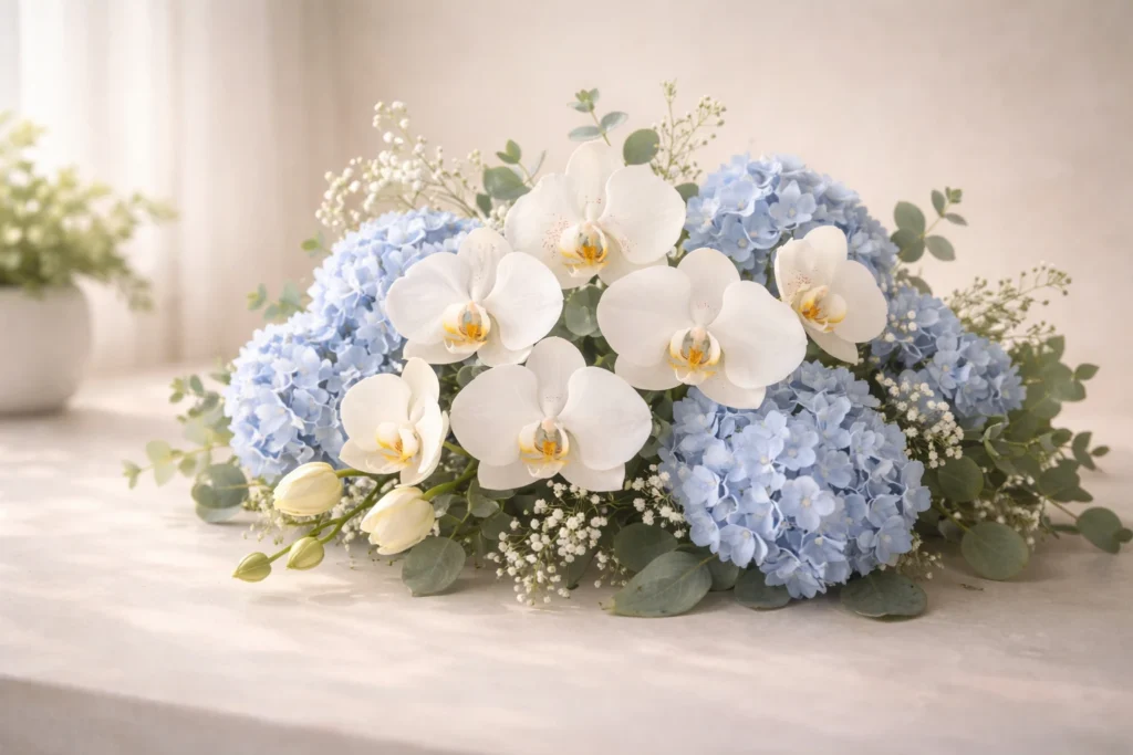 White orchids and blue hydrangeas arranged for sympathy and support