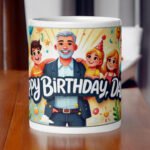 Close-up of BetterGiftFlowers Happy Birthday Dad Mug showing a joyful birthday scene with a smiling dad and family.