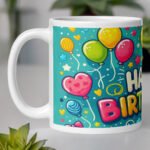 Colorful Happy Birthday mug with balloon and heart illustrations by BetterGiftFlowers.