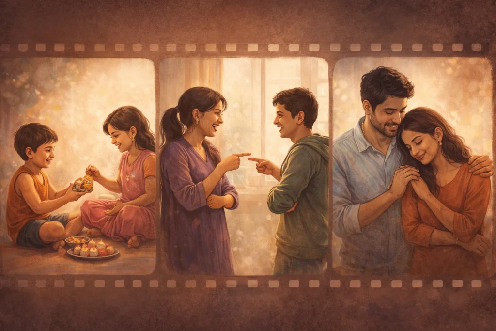 Illustration of sibling relationships evolving from childhood to adulthood inspired by Bollywood films