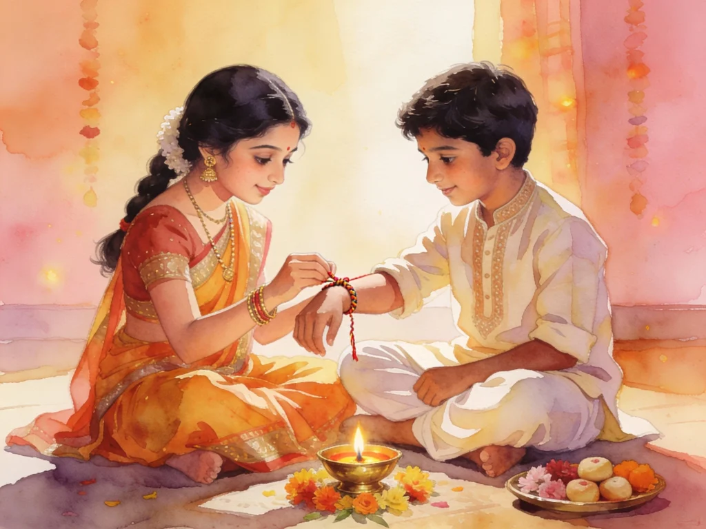 Illustration showing Indian brother and sister sharing a Raksha Bandhan moment symbolising sibling love in Bollywood