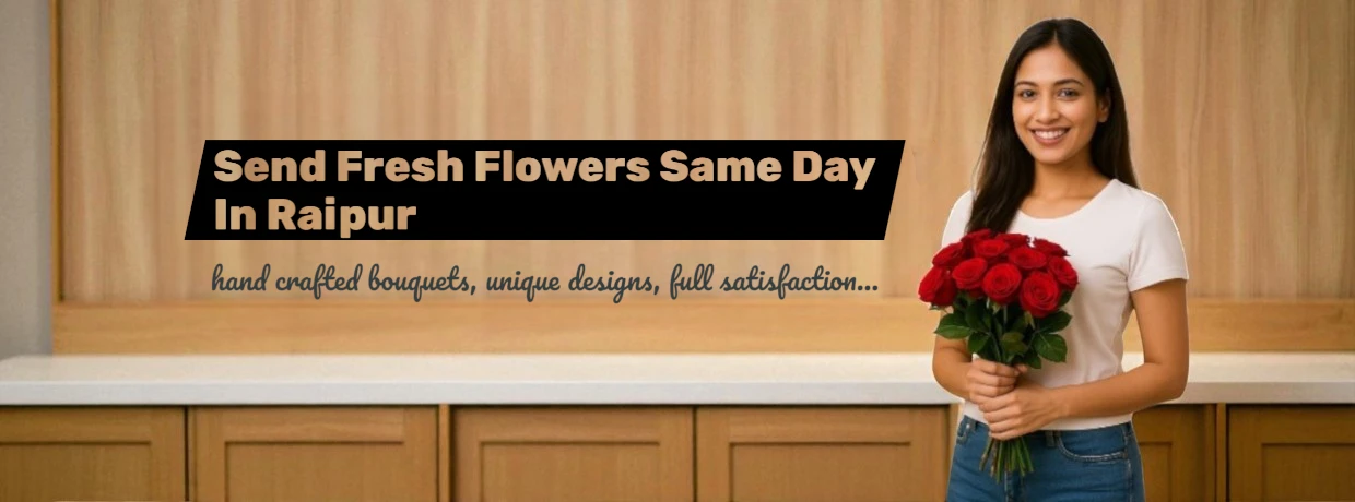 Better Gift Flowers™ same day flower delivery in Raipur – smiling woman holding fresh red roses bouquet, handcrafted and unique floral arrangements