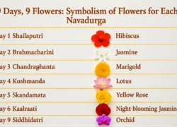9 Days, 9 Flowers: Symbolism of Navadurga during Navaratri – chart showing each goddess with her associated flower, including hibiscus for Shailaputri, jasmine for Brahmacharini, marigold for Chandraghanta, lotus for Kushmanda, yellow rose for Skandamata, red rose for Katyayani, night-blooming jasmine for Kaalratri, white lily for Mahagauri, and orchid for Siddhidatri. - Better Gift Flowers™