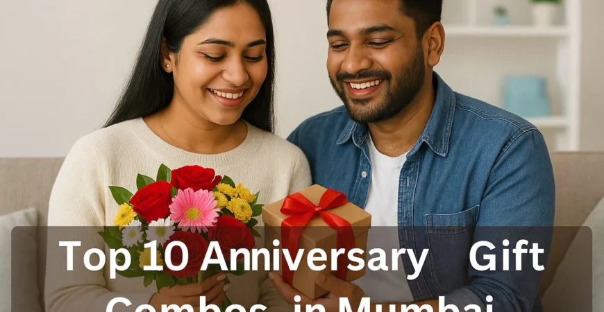 Indian couple celebrating anniversary at home with flowers and gift box – Top 10 Anniversary Gift Combos in Mumbai
