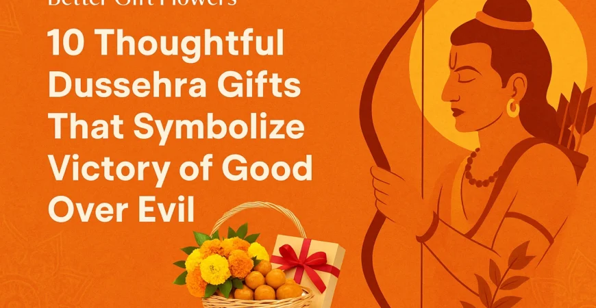 Better Gift Flowers™ Dussehra blog banner showing Lord Rama with bow and arrow, a festive basket of marigold flowers, Indian sweets, and a gift box on an orange background with text: 10 Thoughtful Dussehra Gifts That Symbolize Victory of Good Over Evil.