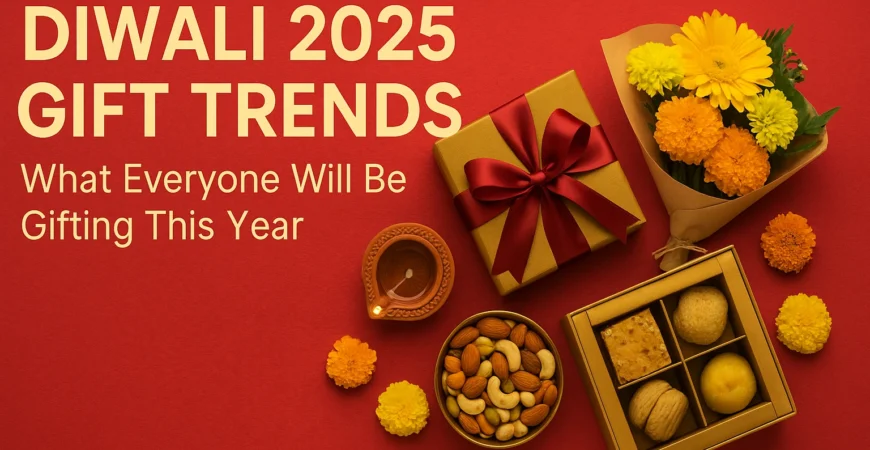 Diwali 2025 gift trends by Better Gift Flowers™ featuring premium sweets, dry fruits, flowers, diya, and festive gift hampers.