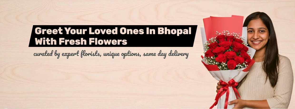 Smiling woman holding a beautiful red rose bouquet — BetterGiftFlowers™ offers fresh flower delivery in Bhopal with expert florists, unique arrangements, and same-day delivery options.