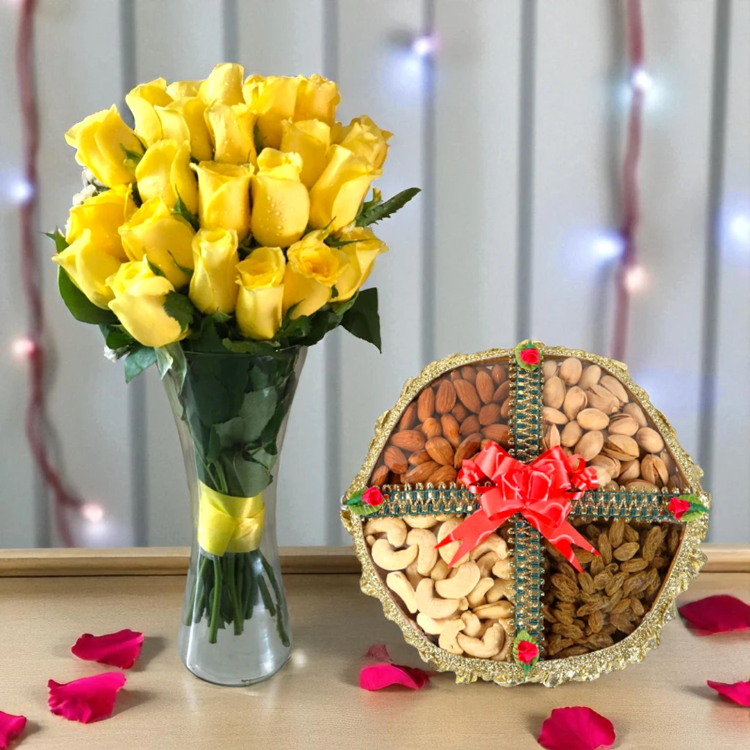 yellow roses and dry fruits gift hamper for diwali bettergiftflowers