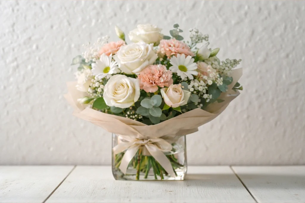 A soft New Year flower bouquet with white roses, peach carnations, and greenery arranged on a wooden table in natural light.