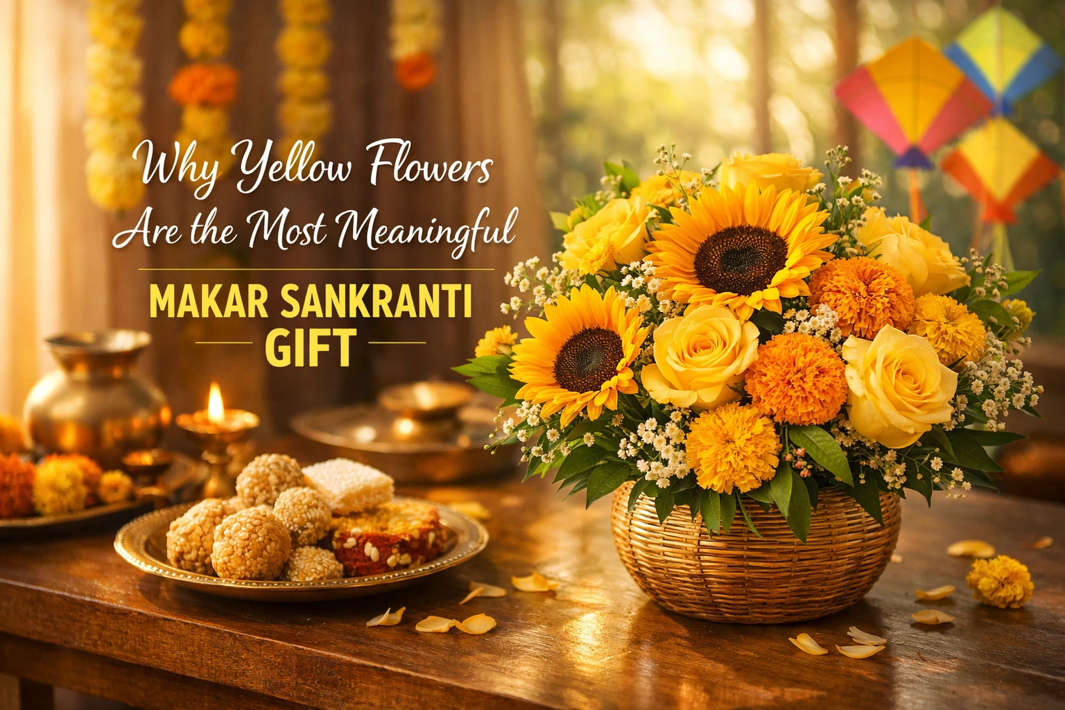 Yellow flower bouquet with sunflowers, roses and marigolds for Makar Sankranti gifting, symbolising warmth and new beginnings – BetterGiftFlowers™