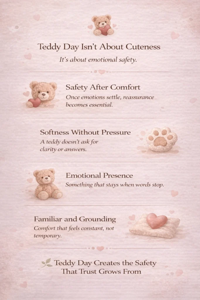 Teddy Day infographic by BetterGiftFlowers™ showing how Teddy Day represents emotional safety over cuteness, highlighting reassurance, softness without pressure, emotional presence, and grounding comfort during Valentine’s Week.