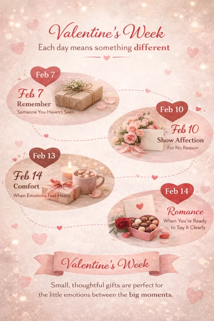 Infographic showing the emotional meaning of Valentine’s Week, highlighting February 7 for remembering someone, February 10 for sending flowers without reason, February 13 for comfort gifts, and February 14 for romantic gestures.
